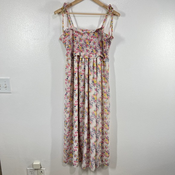 Kos‎ Resort Floral Smocked Maxi Dress Size S Pink Yellow Tie Strap Boho Cottage - Picture 2 of 10